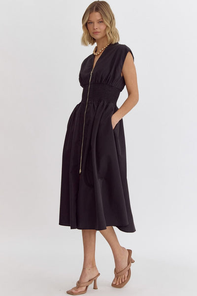 Black Zippered Solid V-Neck Sleeveless Midi Dress w/ Pockets