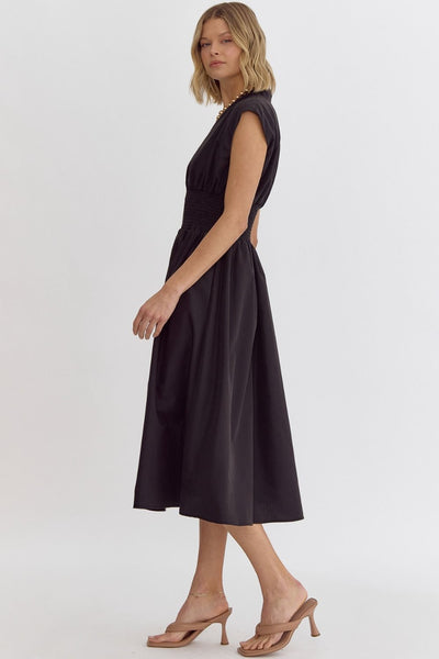 Black Zippered Solid V-Neck Sleeveless Midi Dress w/ Pockets