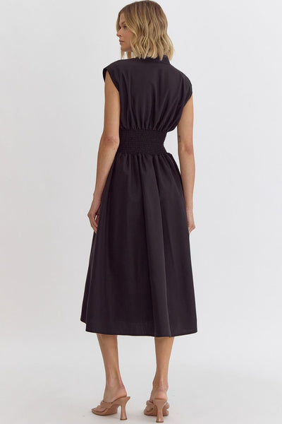 Black Zippered Solid V-Neck Sleeveless Midi Dress w/ Pockets