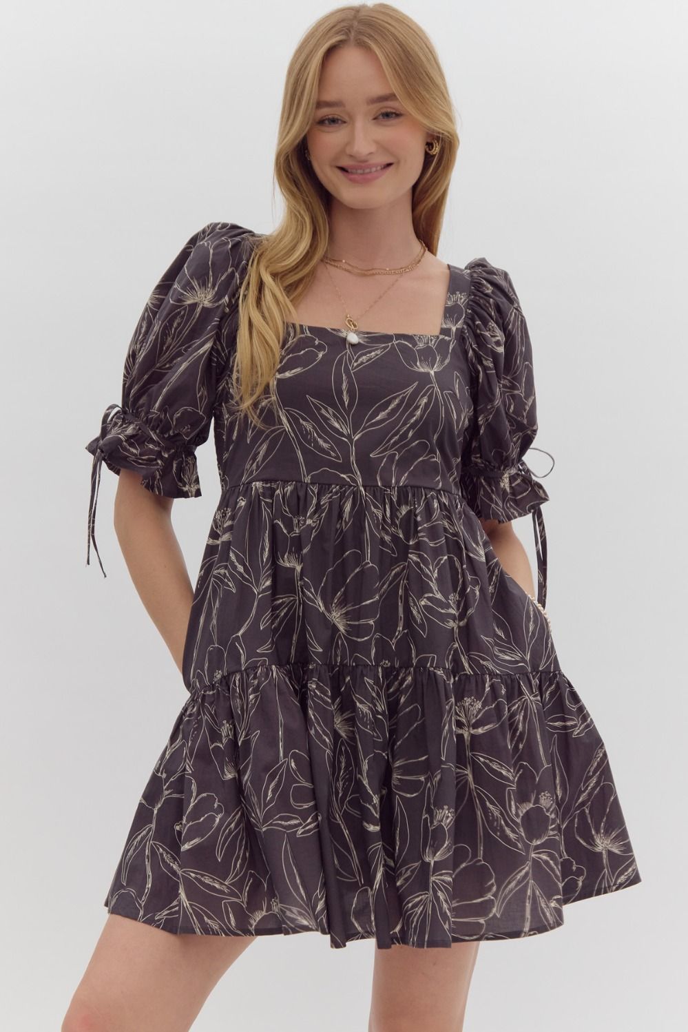 Charcoal Printed Mini Dress w/ Pockets