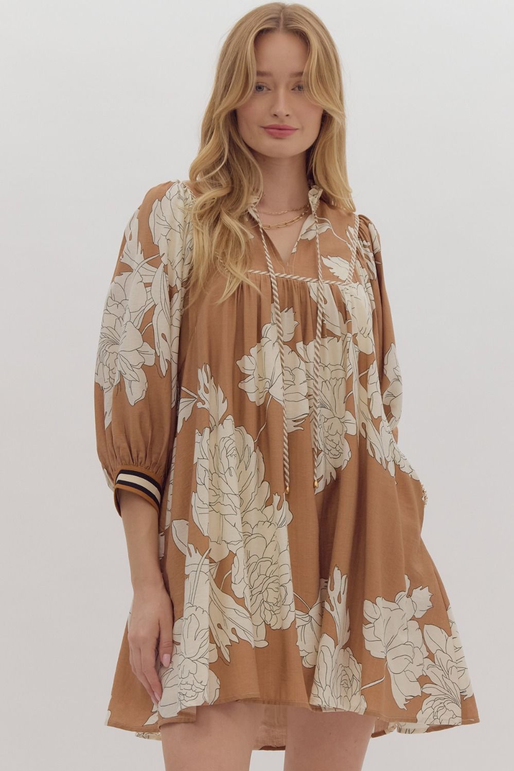 Camel Floral Print Mini Dress w/ Pockets