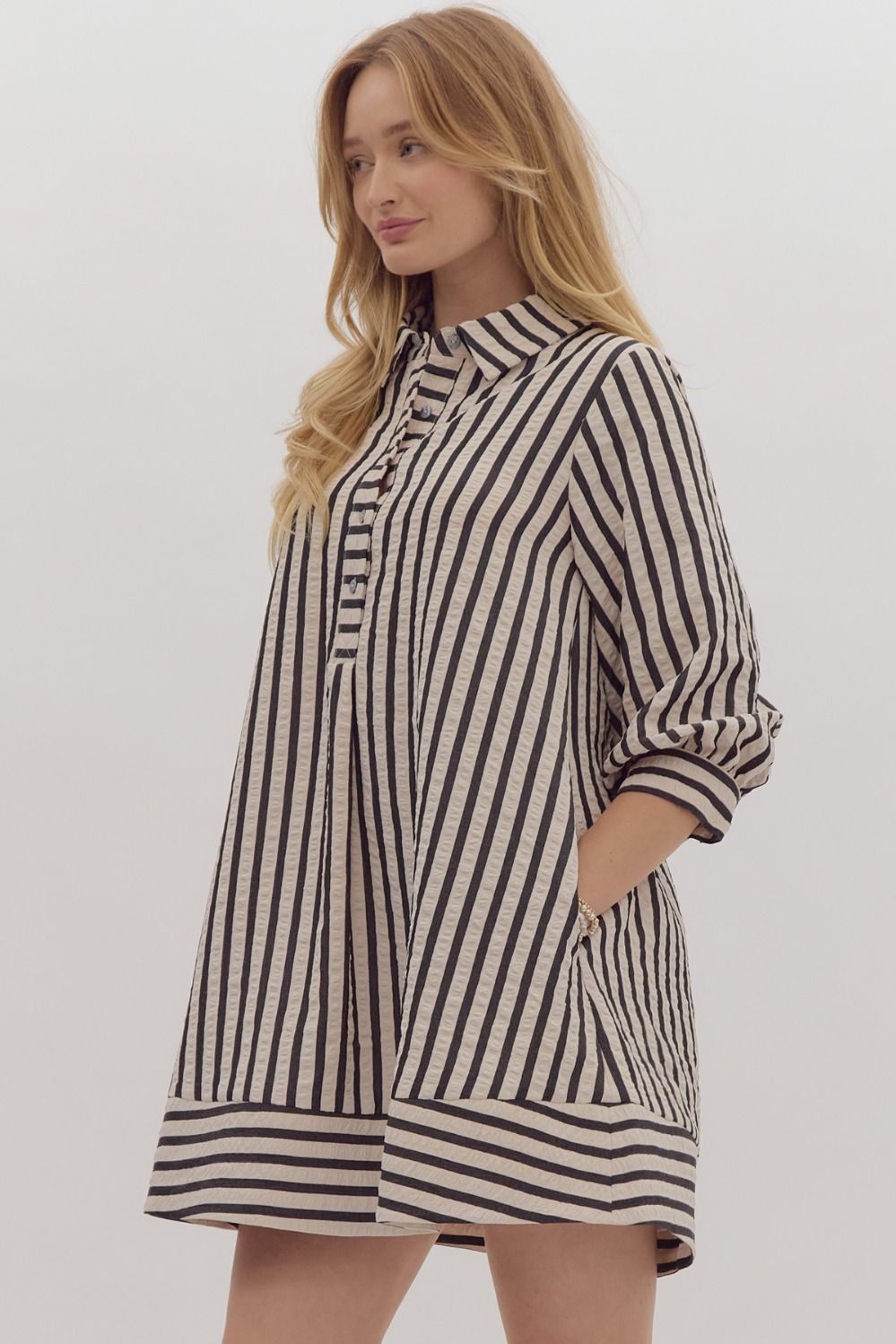 Black Striped Seersucker Dress w/ Pockets