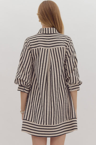 Black Striped Seersucker Dress w/ Pockets