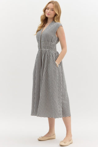 Black Plaid V-Neck Sleeveless Midi Dress w/ Pockets and Front Zipper Closure Final Sale