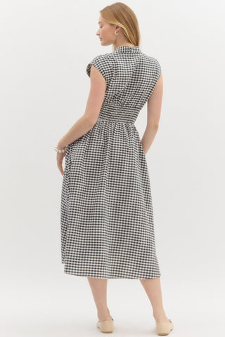 Black Plaid V-Neck Sleeveless Midi Dress w/ Pockets and Front Zipper Closure Final Sale