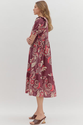 Plum Paisley Midi Dress w/ Pockets