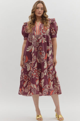 Curvy Plum Paisley Midi Dress w/ Pockets