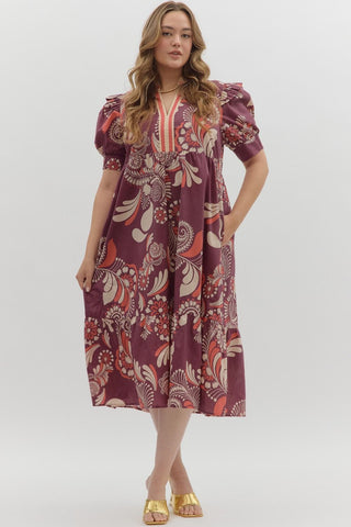Curvy Plum Paisley Midi Dress w/ Pockets