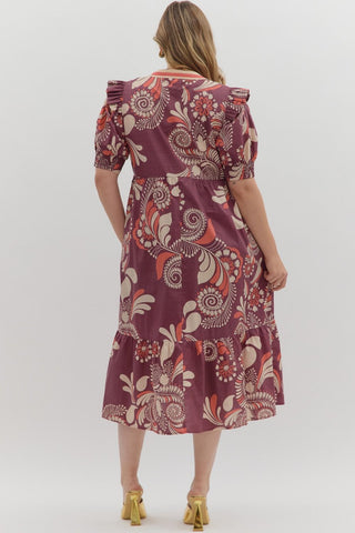 Curvy Plum Paisley Midi Dress w/ Pockets