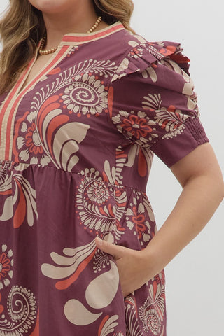Curvy Plum Paisley Midi Dress w/ Pockets