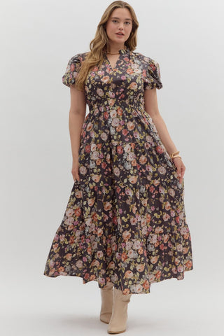 Curvy Chocolate Floral Puff Sleeved Midi Dress