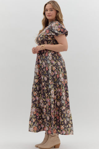 Curvy Chocolate Floral Puff Sleeved Midi Dress