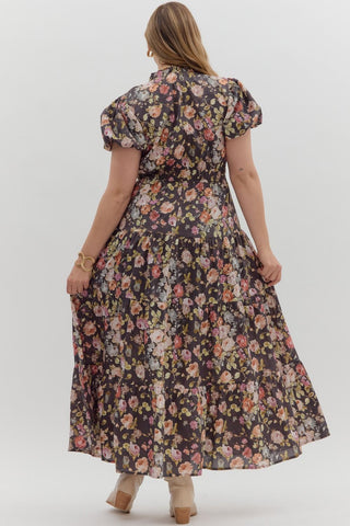 Curvy Chocolate Floral Puff Sleeved Midi Dress