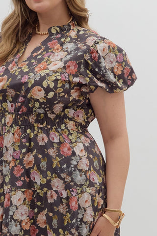 Curvy Chocolate Floral Puff Sleeved Midi Dress