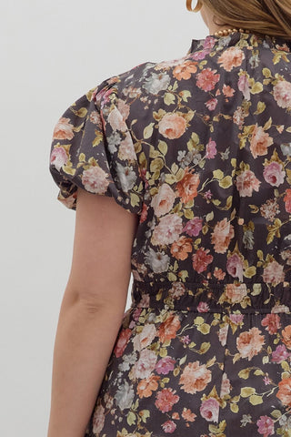 Curvy Chocolate Floral Puff Sleeved Midi Dress