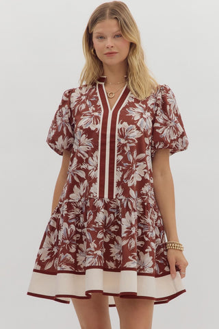 Curvy Burgundy Floral Bubble Sleeve Dress w/ Pockets