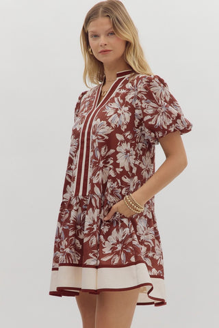 Curvy Burgundy Floral Bubble Sleeve Dress w/ Pockets