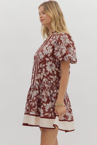 Curvy Burgundy Floral Bubble Sleeve Dress w/ Pockets