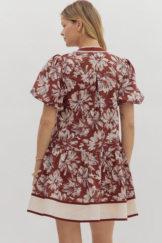 Curvy Burgundy Floral Bubble Sleeve Dress w/ Pockets