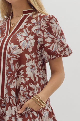 Curvy Burgundy Floral Bubble Sleeve Dress w/ Pockets