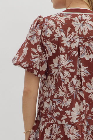 Curvy Burgundy Floral Bubble Sleeve Dress w/ Pockets