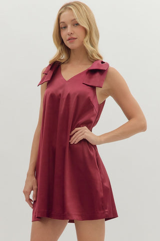 Burgundy Sleeveless Dress w/ Bow Detailed Shoulders and Pockets FINAL SALE