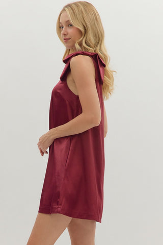 Burgundy Sleeveless Dress w/ Bow Detailed Shoulders and Pockets FINAL SALE