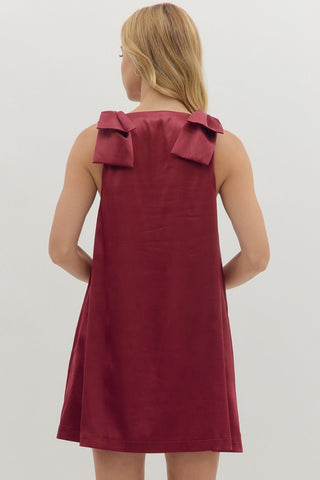 Burgundy Sleeveless Dress w/ Bow Detailed Shoulders and Pockets FINAL SALE