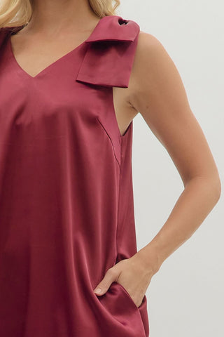 Burgundy Sleeveless Dress w/ Bow Detailed Shoulders and Pockets FINAL SALE