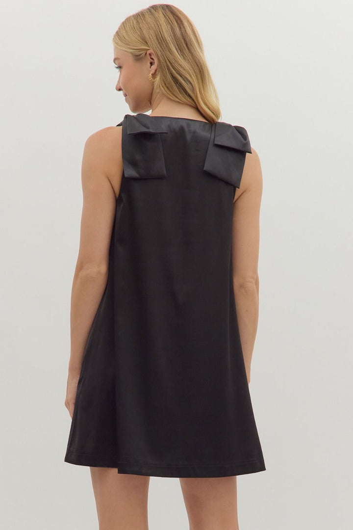 Black Sleeveless Dress w/ Bow Detailed Shoulders and Pockets FINAL SALE L Black Sleeveless Dress w/ Bow Detailed Shoulders and Pockets FINAL SALE L