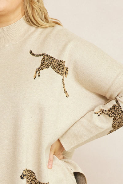 Curvy Oatmeal Cheetah Print Mock Neck Long Sleeve Sweater Top Final Sale