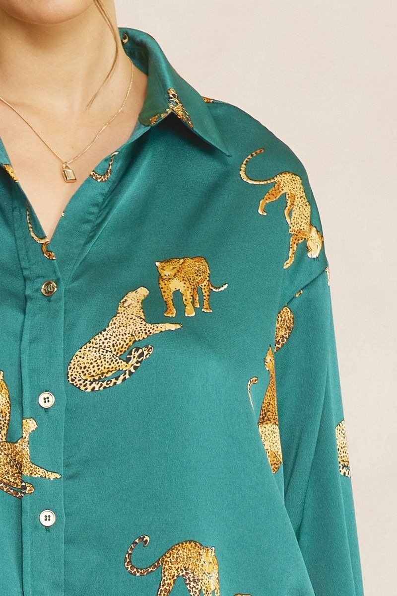 Hunter Green Leopard Print Button-up Long Sleeve Top