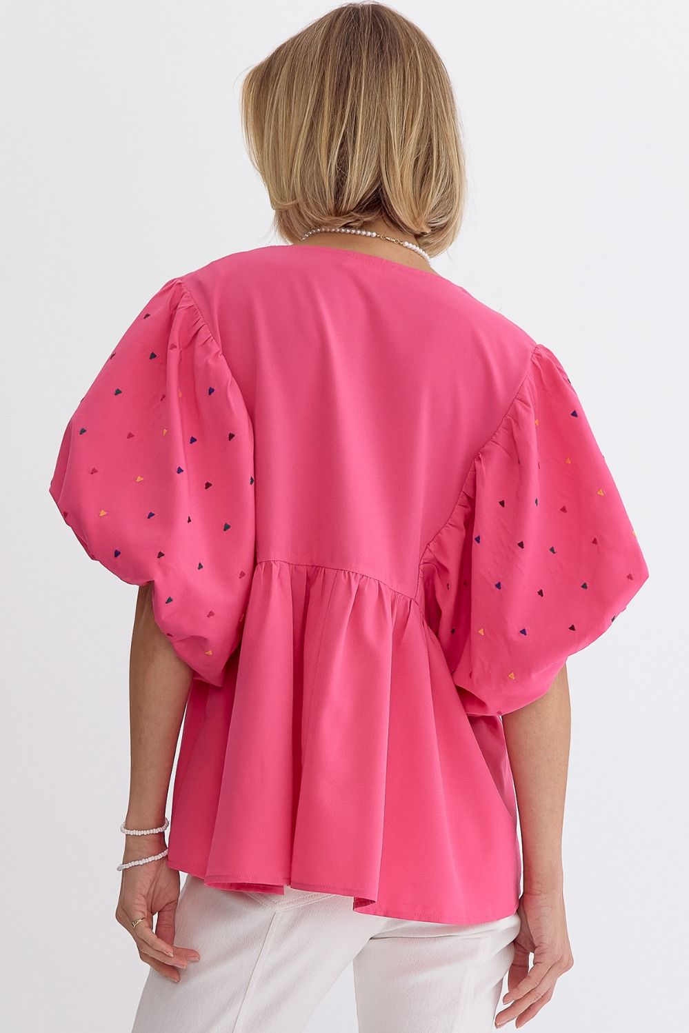 Pink V-Neck Short Puff Sleeve Peplum Top