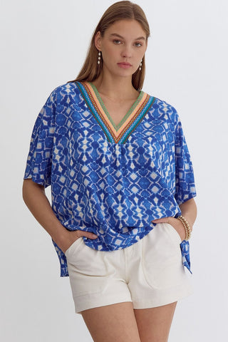 Blue V-Neck Embroidered Neckline Top Final Sale