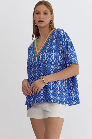 Blue V-Neck Embroidered Neckline Top Final Sale