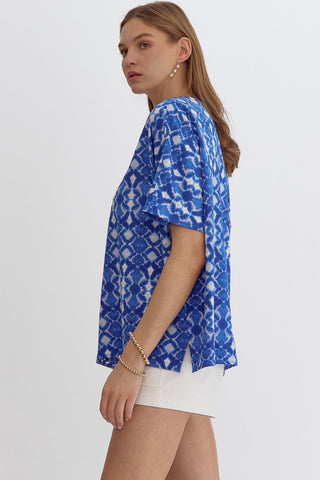 Blue V-Neck Embroidered Neckline Top Final Sale