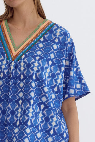Blue V-Neck Embroidered Neckline Top Final Sale