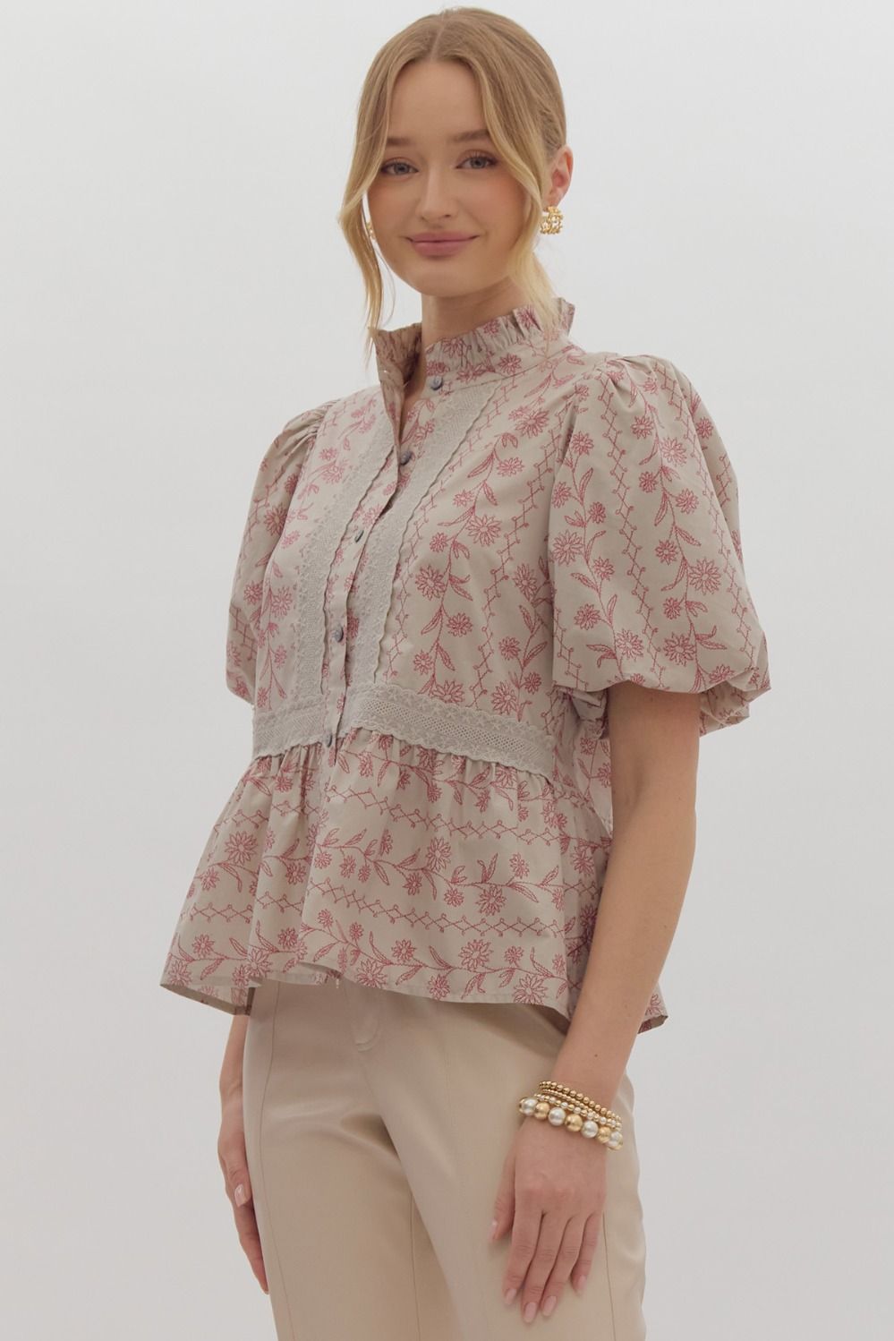 Ecru Floral Print Short Puff Sleeve Top