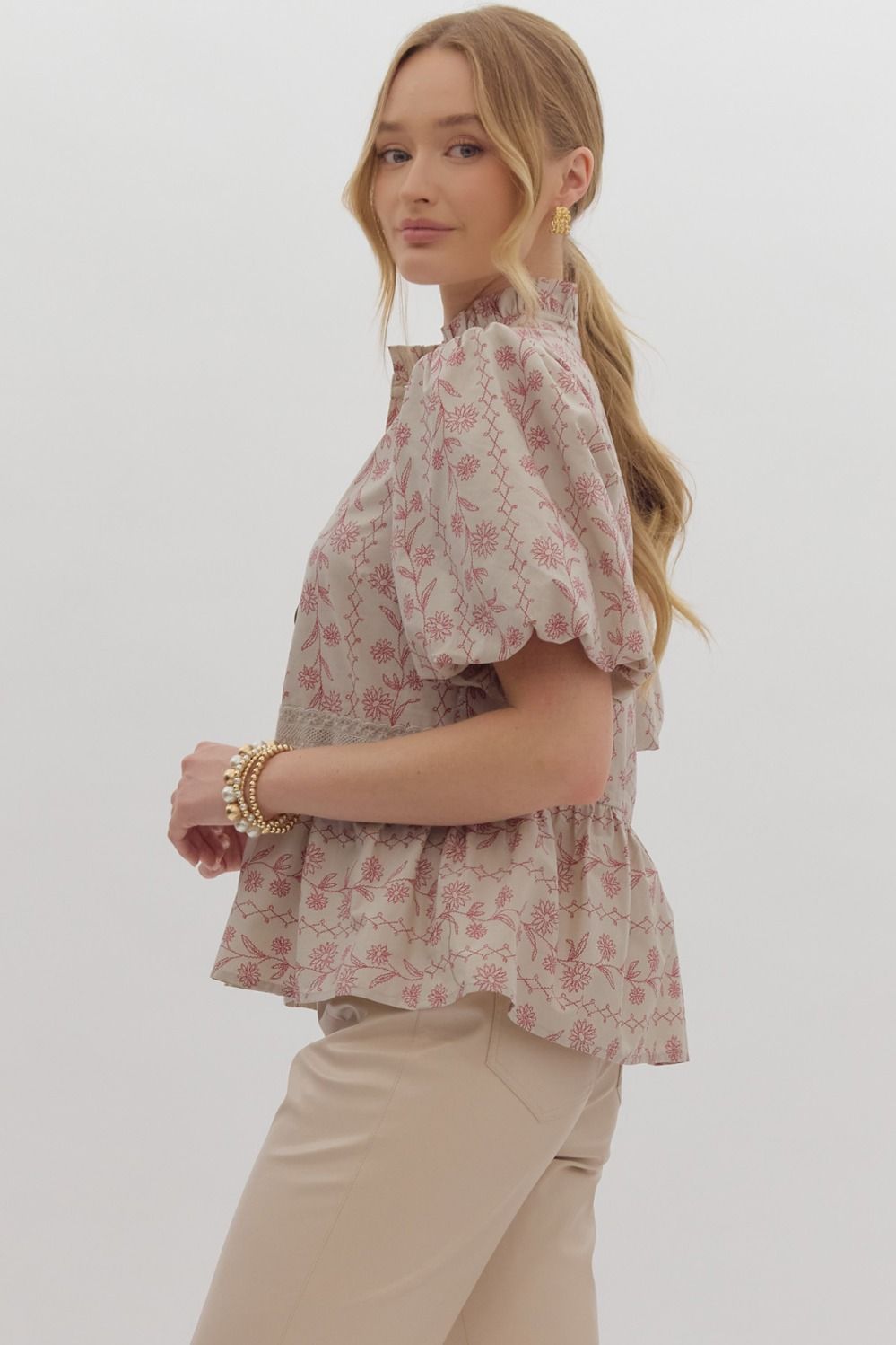 Ecru Floral Print Short Puff Sleeve Top