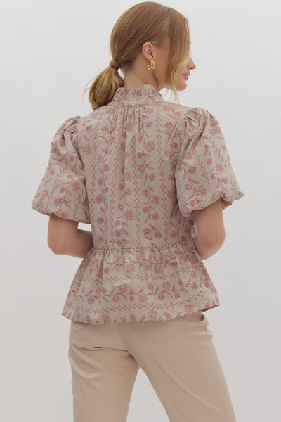 Ecru Floral Print Short Puff Sleeve Top