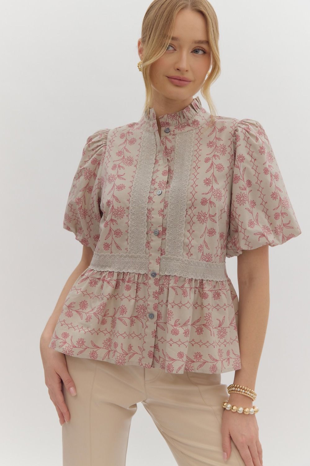 Ecru Floral Print Short Puff Sleeve Top