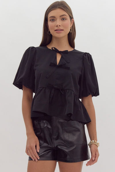 Black Solid Short Puff Sleeve Peplum Top