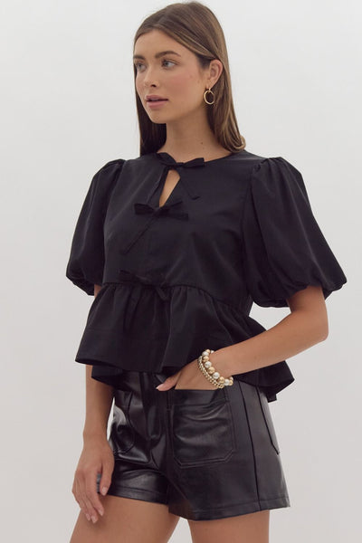 Black Solid Short Puff Sleeve Peplum Top