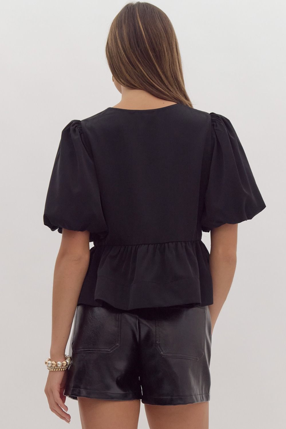 Black Solid Short Puff Sleeve Peplum Top