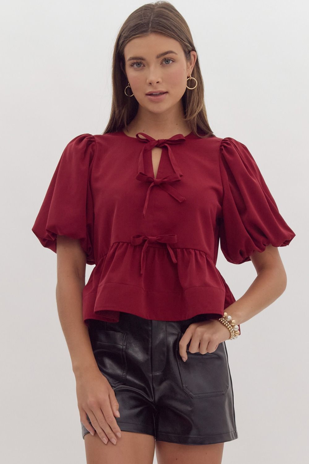 Burgundy Solid Short Puff Sleeve Peplum Top