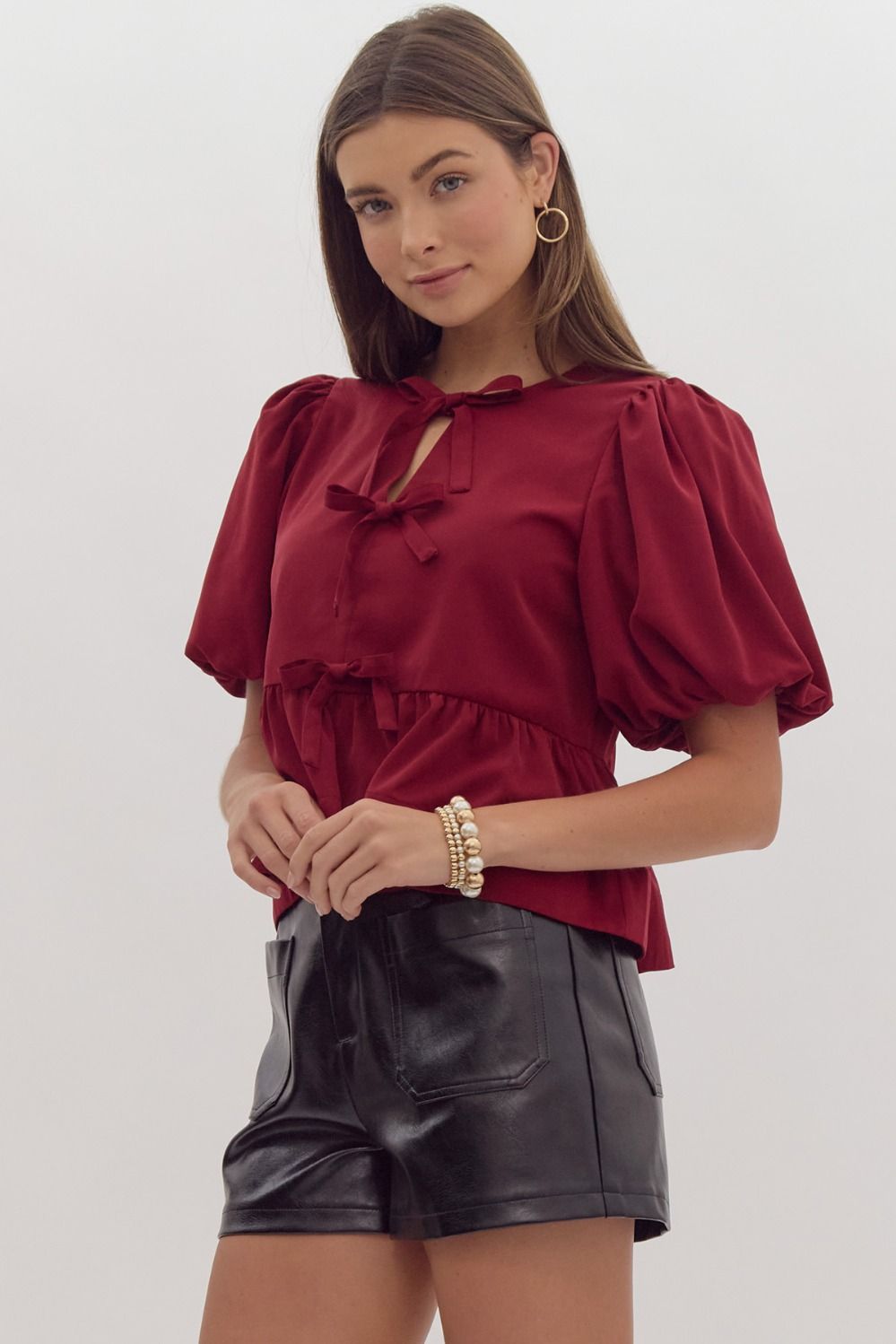 Burgundy Solid Short Puff Sleeve Peplum Top