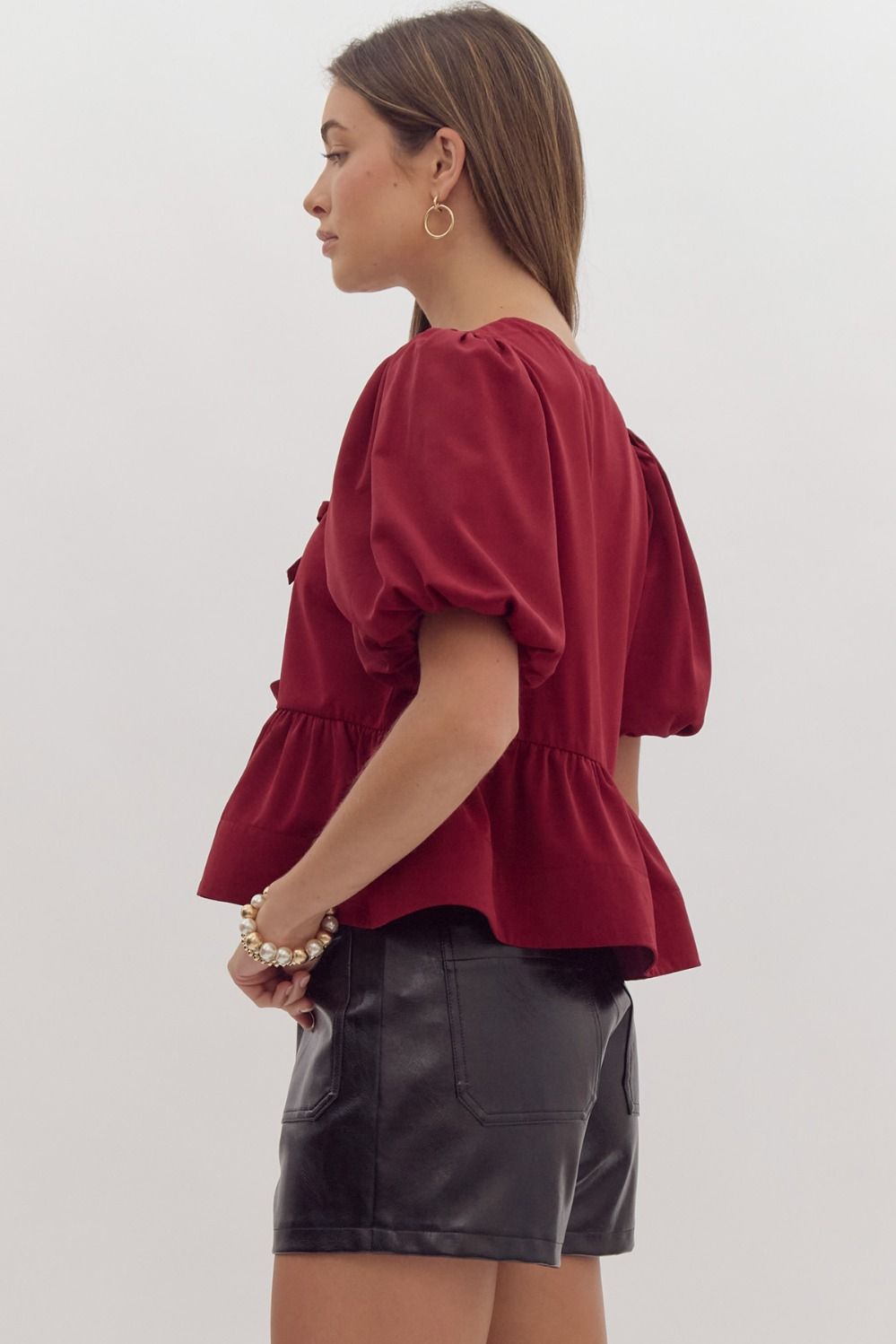 Burgundy Solid Short Puff Sleeve Peplum Top