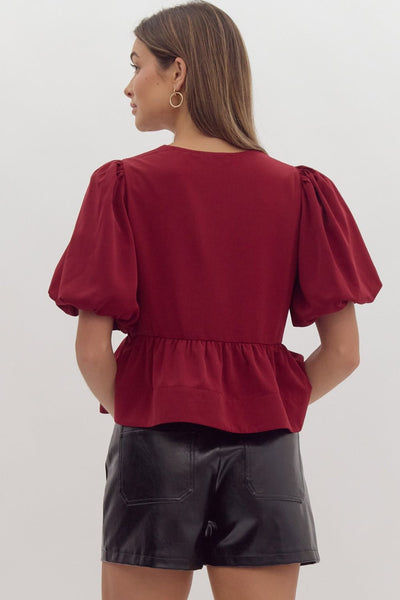 Burgundy Solid Short Puff Sleeve Peplum Top