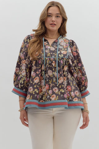 Curvy Chocolate Vintage Floral 3/4 Sleeve Top Final Sale