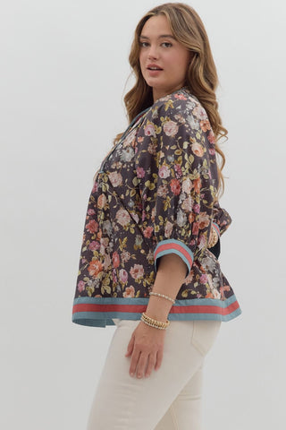 Curvy Chocolate Vintage Floral 3/4 Sleeve Top Final Sale